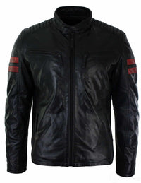 Chaqueta bomber de cuero auténtico negro para hombre, rayas rojas, acolchada, corte ajustado, estilo casual-negro