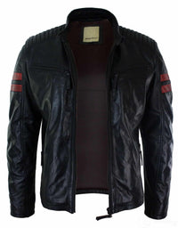 Chaqueta bomber de cuero auténtico negro para hombre, rayas rojas, acolchada, corte ajustado, estilo casual-negro