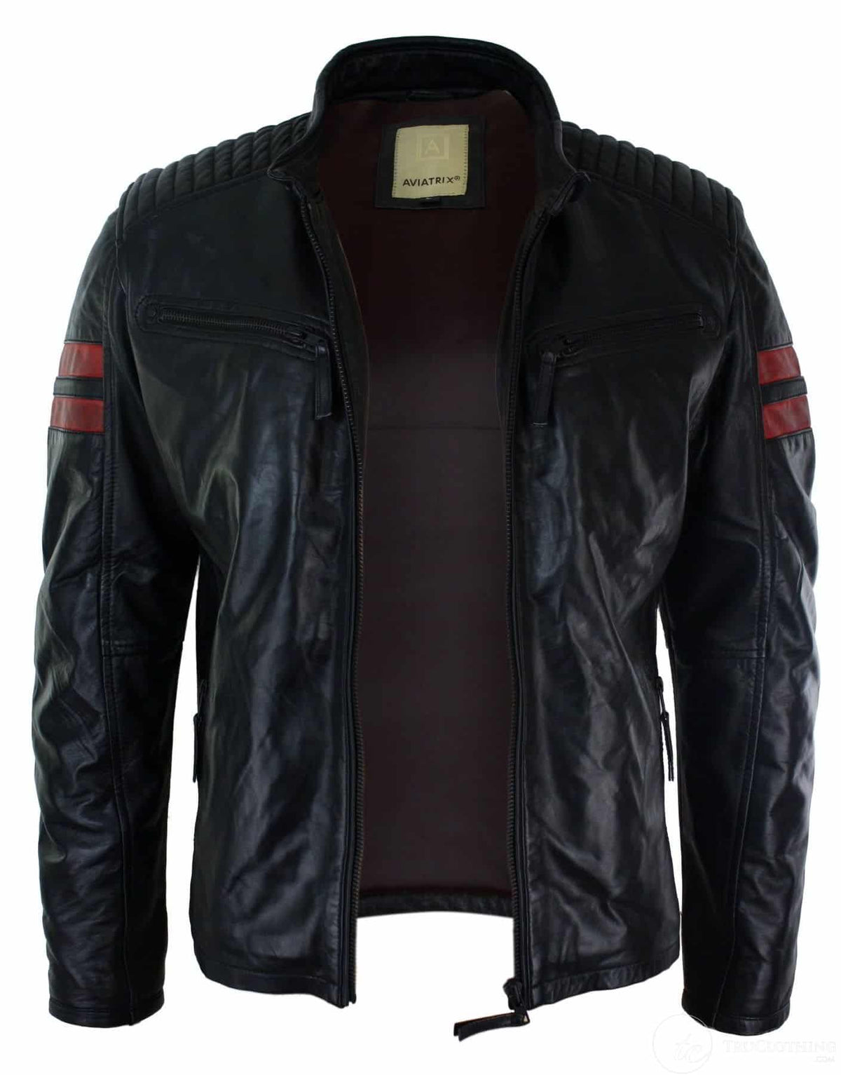 Chaqueta bomber de cuero auténtico negro para hombre, rayas rojas, acolchada, corte ajustado, estilo casual-negro