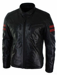 Chaqueta bomber de cuero auténtico negro para hombre, rayas rojas, acolchada, corte ajustado, estilo casual-negro