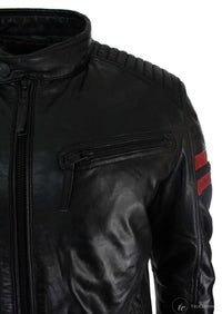Chaqueta bomber de cuero auténtico negro para hombre, rayas rojas, acolchada, corte ajustado, estilo casual-negro