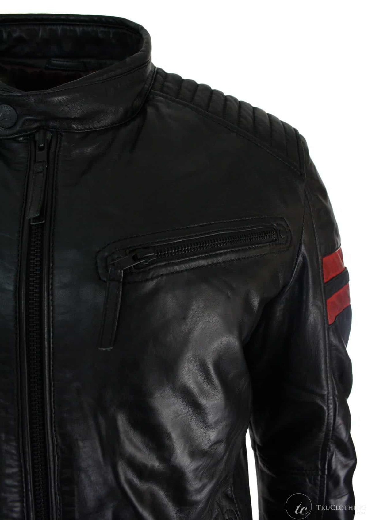 Chaqueta bomber de cuero auténtico negro para hombre, rayas rojas, acolchada, corte ajustado, estilo casual-negro
