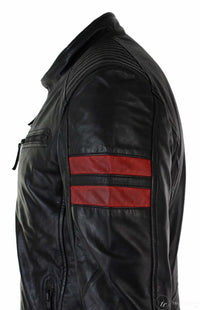 Chaqueta bomber de cuero auténtico negro para hombre, rayas rojas, acolchada, corte ajustado, estilo casual-negro
