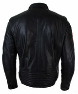 Chaqueta bomber de cuero auténtico negro para hombre, rayas rojas, acolchada, corte ajustado, estilo casual-negro