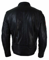Chaqueta bomber de cuero auténtico negro para hombre, rayas rojas, acolchada, corte ajustado, estilo casual-negro
