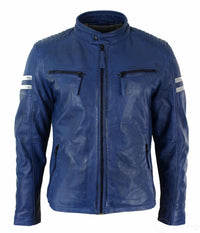 Chaqueta bomber azul de cuero auténtico para hombre, rayas blancas, acolchada, corte ajustado, estilo casual-azul