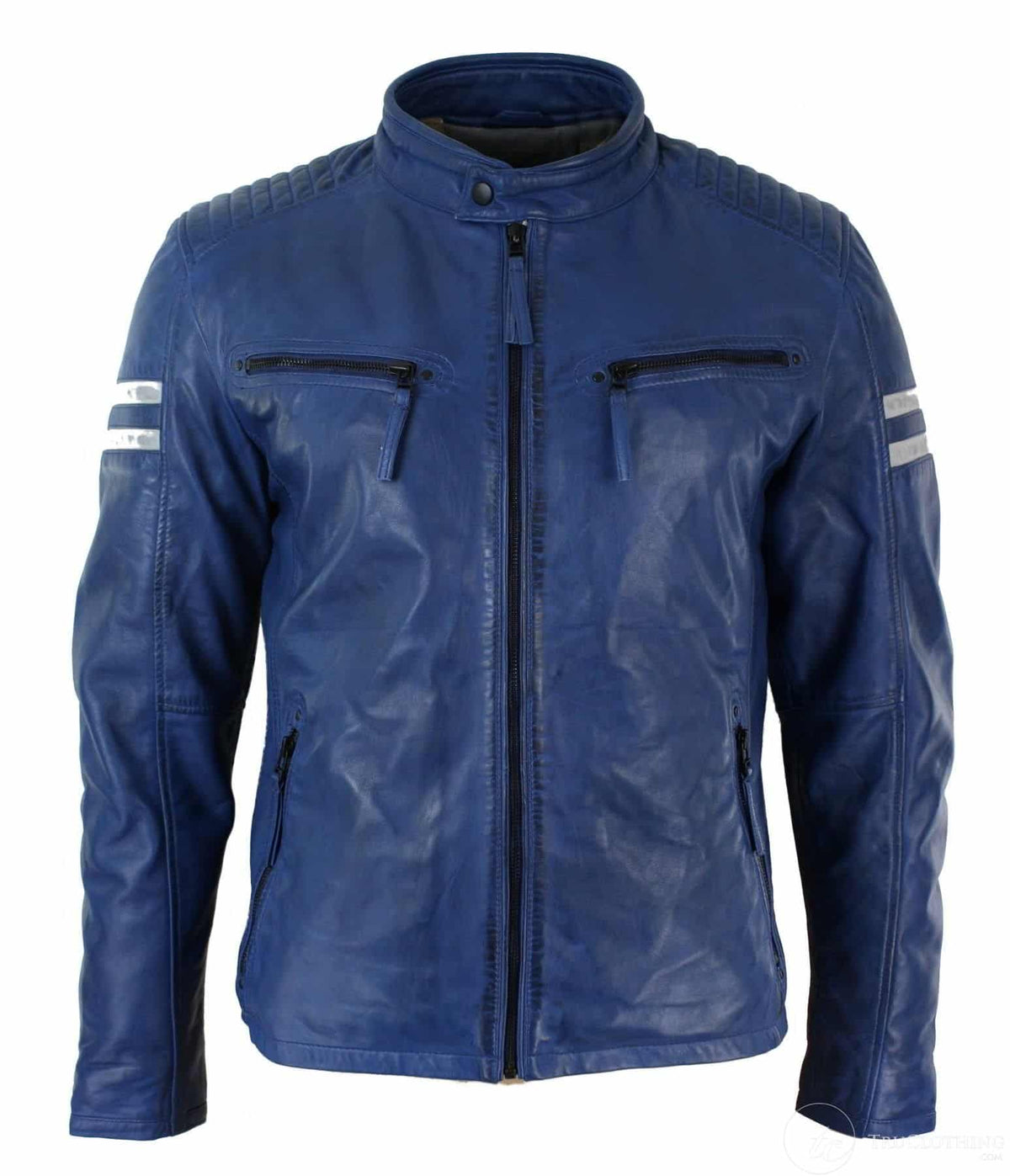 Chaqueta bomber azul de cuero auténtico para hombre, rayas blancas, acolchada, corte ajustado, estilo casual-azul