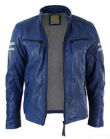 Chaqueta bomber azul de cuero auténtico para hombre, rayas blancas, acolchada, corte ajustado, estilo casual-azul