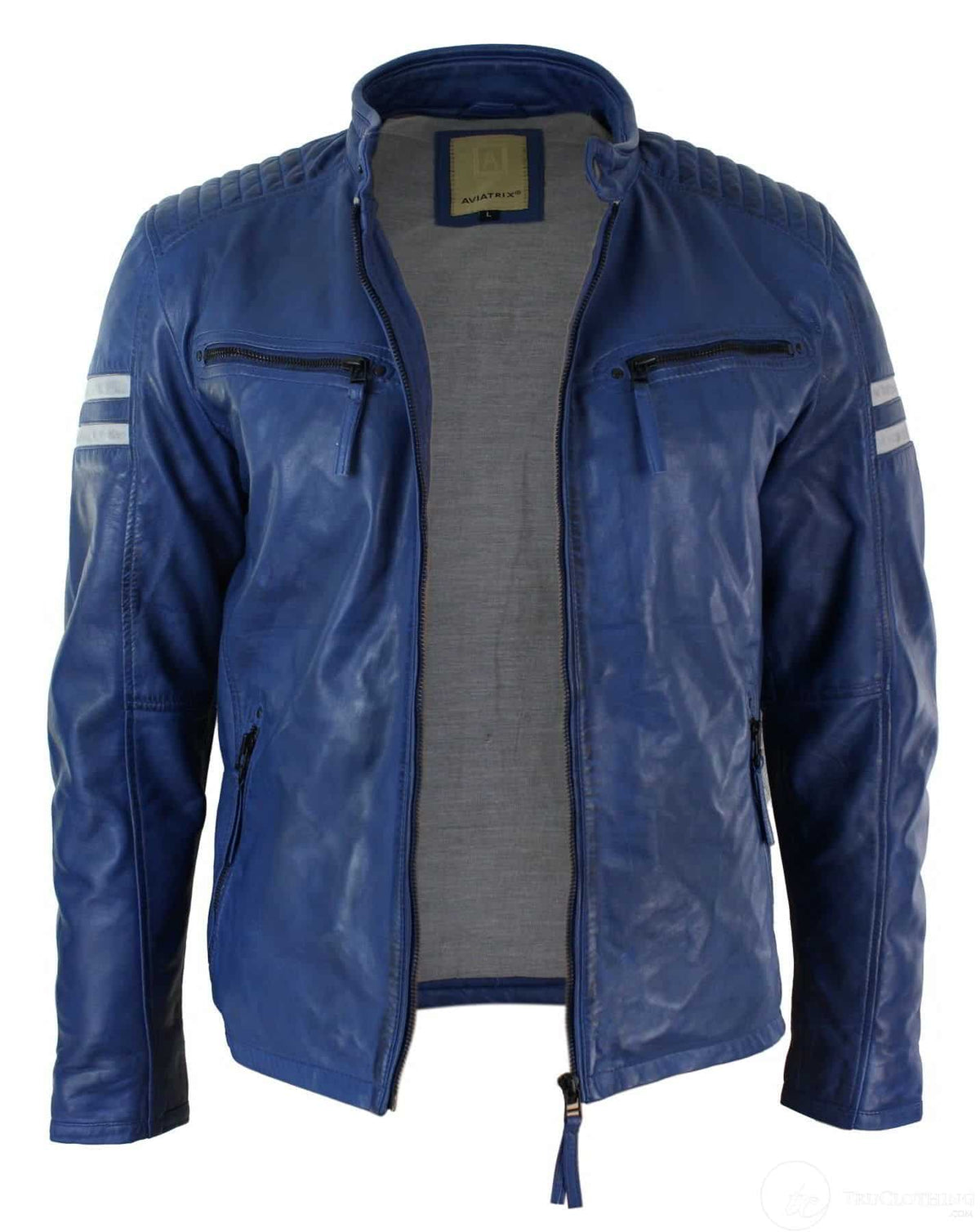 Chaqueta bomber azul de cuero auténtico para hombre, rayas blancas, acolchada, corte ajustado, estilo casual-azul