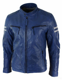 Chaqueta bomber azul de cuero auténtico para hombre, rayas blancas, acolchada, corte ajustado, estilo casual-azul