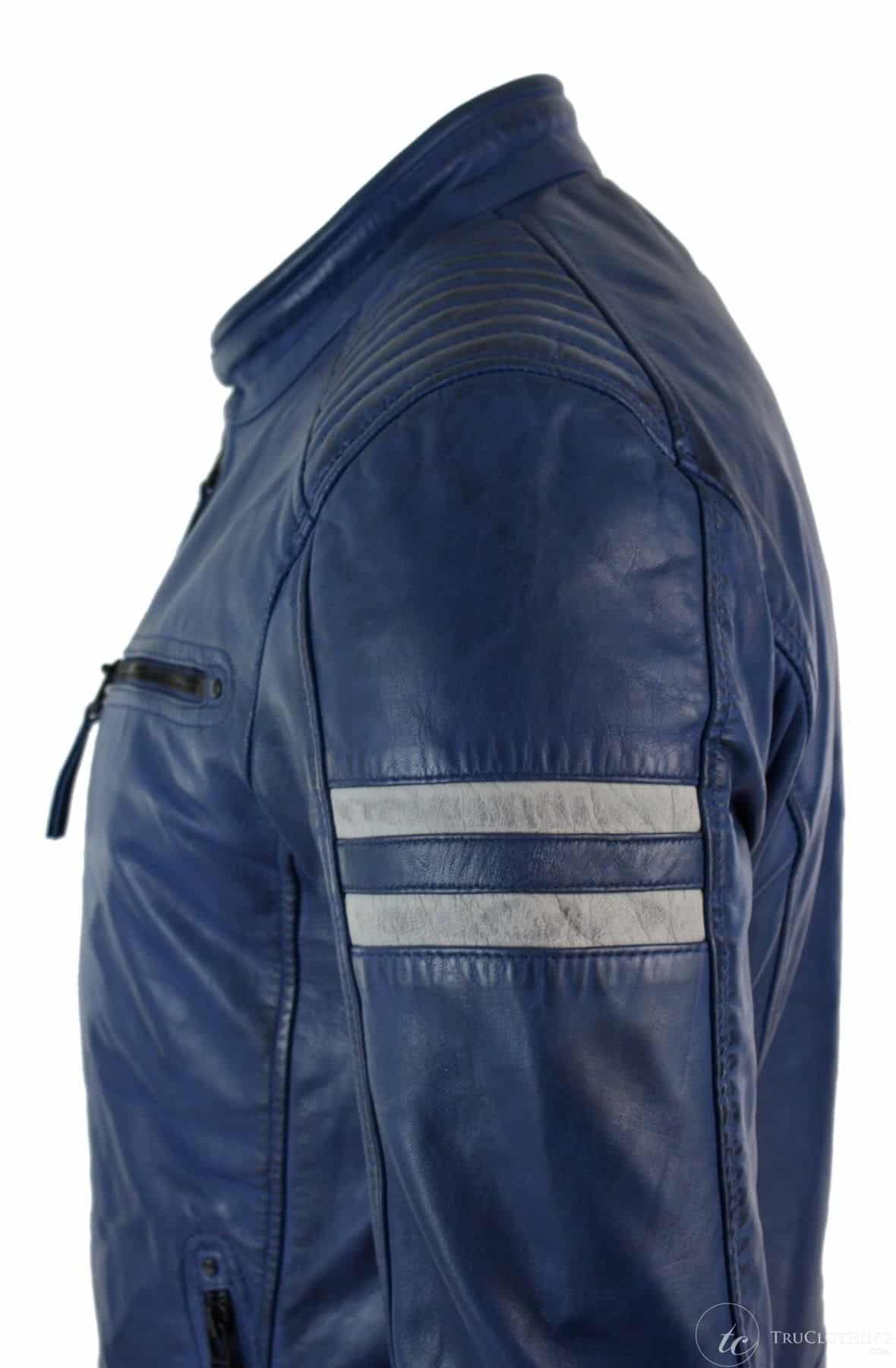 Chaqueta bomber azul de cuero auténtico para hombre, rayas blancas, acolchada, corte ajustado, estilo casual-azul