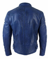 Chaqueta bomber azul de cuero auténtico para hombre, rayas blancas, acolchada, corte ajustado, estilo casual-azul