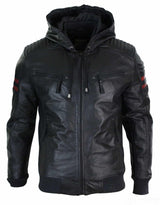 Chaqueta bomber de cuero auténtico negra con capucha para hombre, rayas rojas, acolchada, corte ajustado, estilo casual.