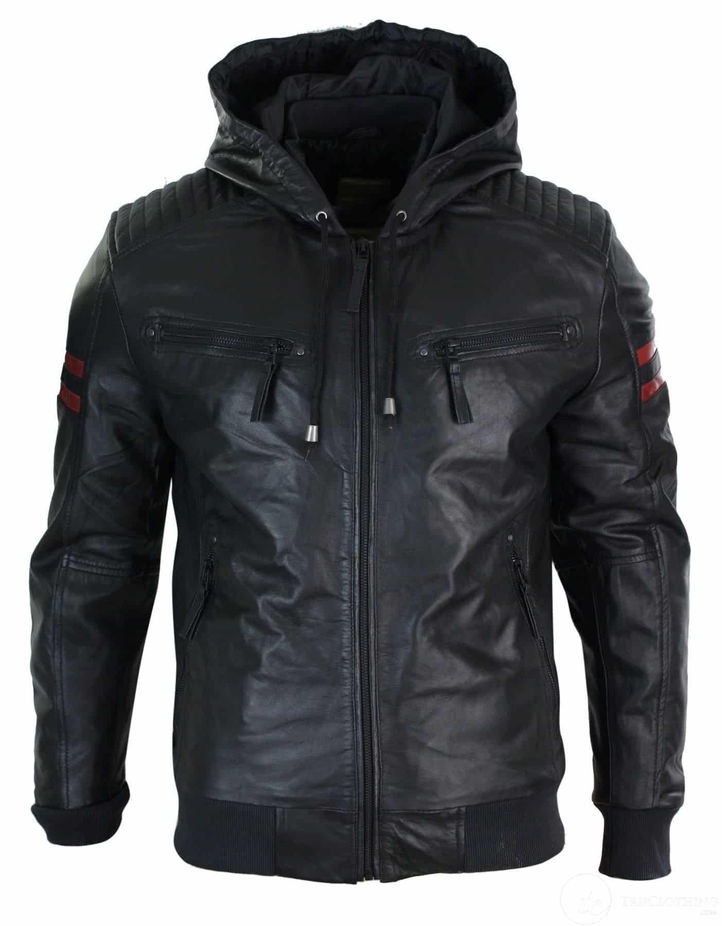 Chaqueta bomber de cuero auténtico negra con capucha para hombre, rayas rojas, acolchada, corte ajustado, estilo casual.