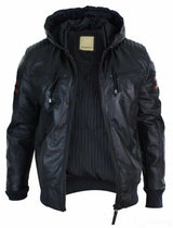 Chaqueta bomber de cuero auténtico negra con capucha para hombre, rayas rojas, acolchada, corte ajustado, estilo casual.