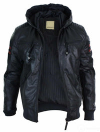 Chaqueta bomber de cuero auténtico negra con capucha para hombre, rayas rojas, acolchada, corte ajustado, estilo casual.