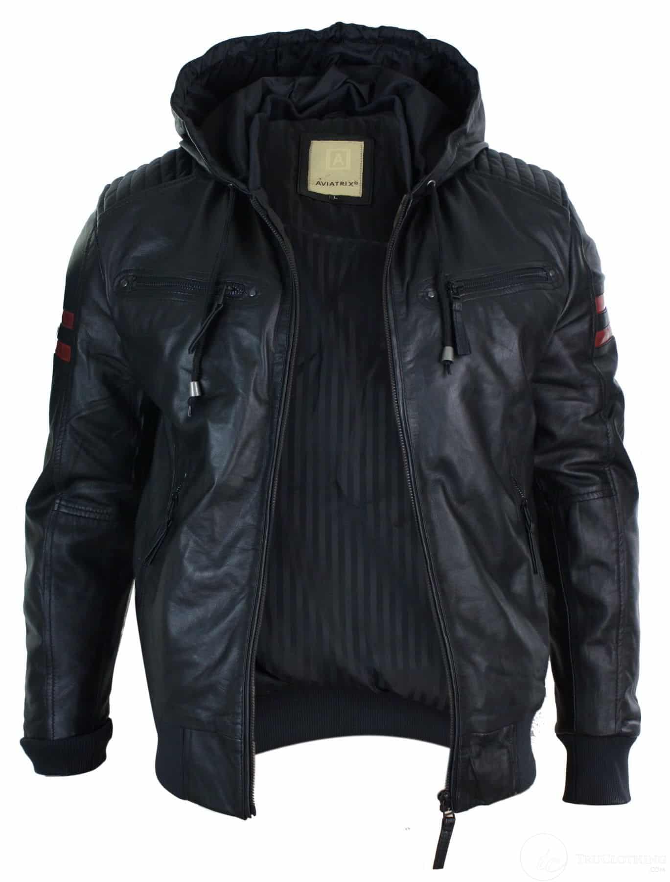 Chaqueta bomber de cuero auténtico negra con capucha para hombre, rayas rojas, acolchada, corte ajustado, estilo casual.