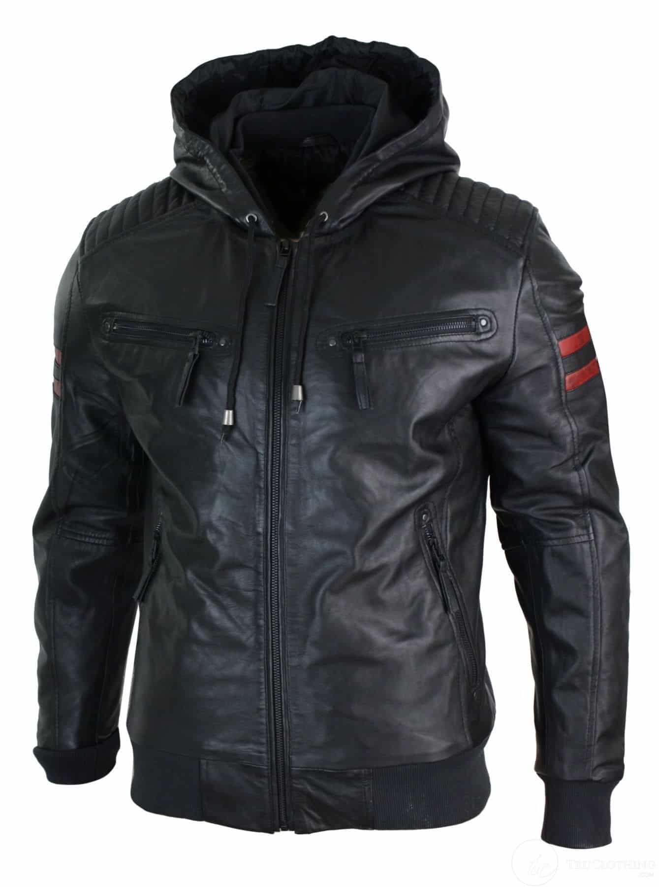 Chaqueta bomber de cuero auténtico negra con capucha para hombre, rayas rojas, acolchada, corte ajustado, estilo casual.