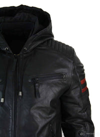 Chaqueta bomber de cuero auténtico negra con capucha para hombre, rayas rojas, acolchada, corte ajustado, estilo casual.