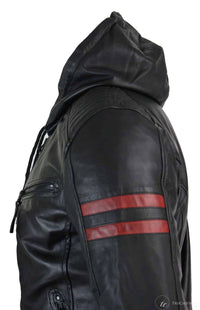 Chaqueta bomber de cuero auténtico negra con capucha para hombre, rayas rojas, acolchada, corte ajustado, estilo casual.