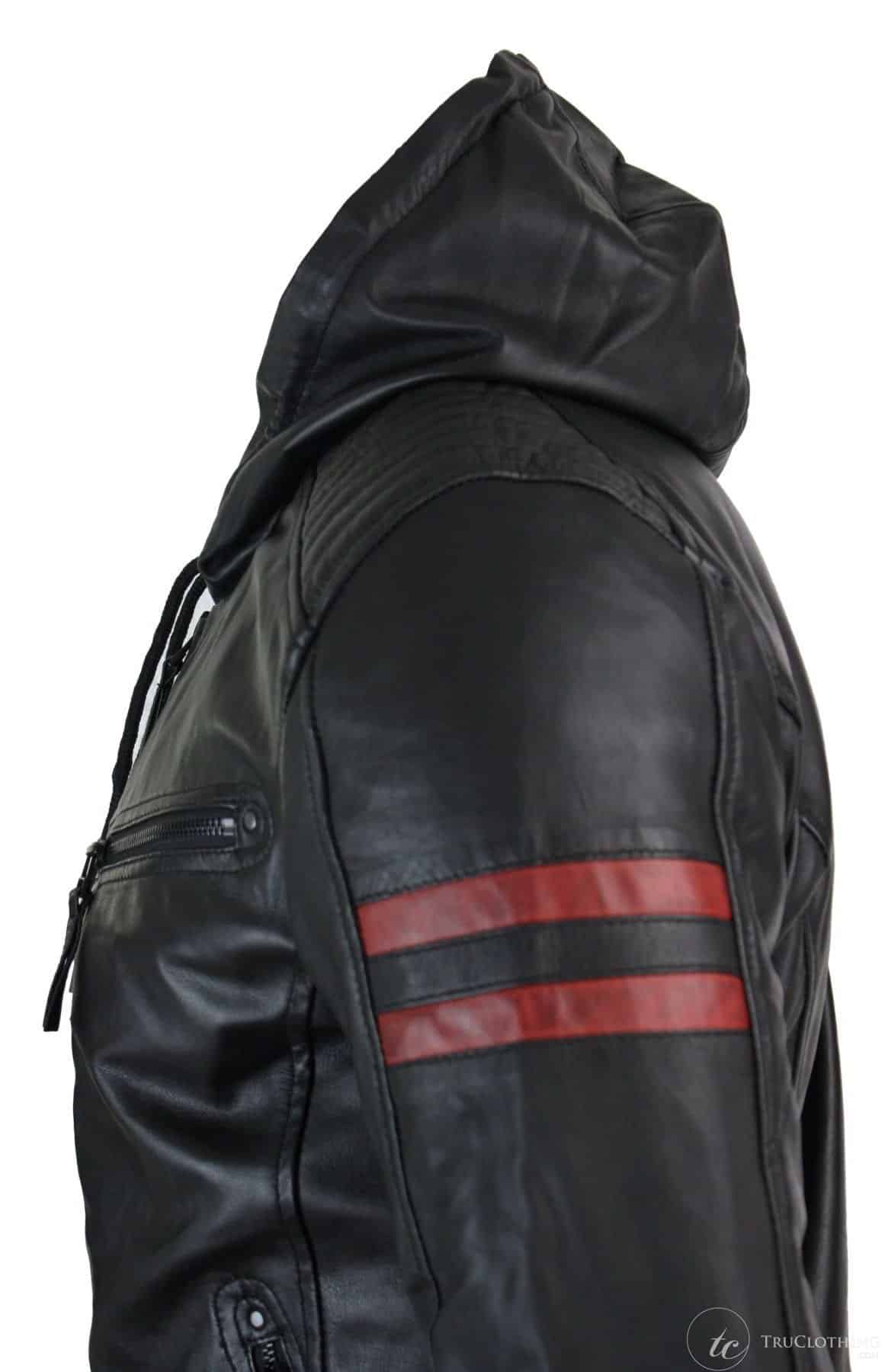 Chaqueta bomber de cuero auténtico negra con capucha para hombre, rayas rojas, acolchada, corte ajustado, estilo casual.