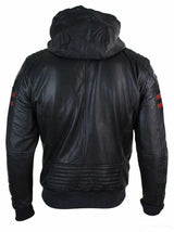 Chaqueta bomber de cuero auténtico negra con capucha para hombre, rayas rojas, acolchada, corte ajustado, estilo casual.