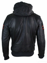 Chaqueta bomber de cuero auténtico negra con capucha para hombre, rayas rojas, acolchada, corte ajustado, estilo casual.