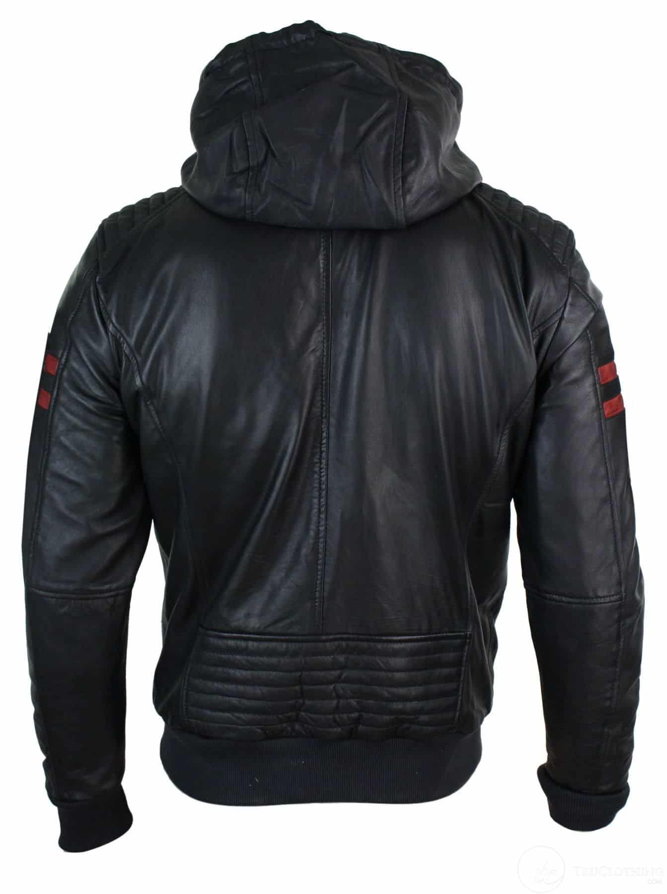Chaqueta bomber de cuero auténtico negra con capucha para hombre, rayas rojas, acolchada, corte ajustado, estilo casual.