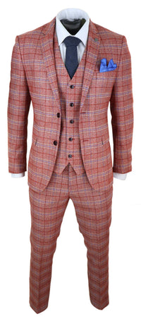 Traje de tres piezas de tweed a cuadros rojo para hombre