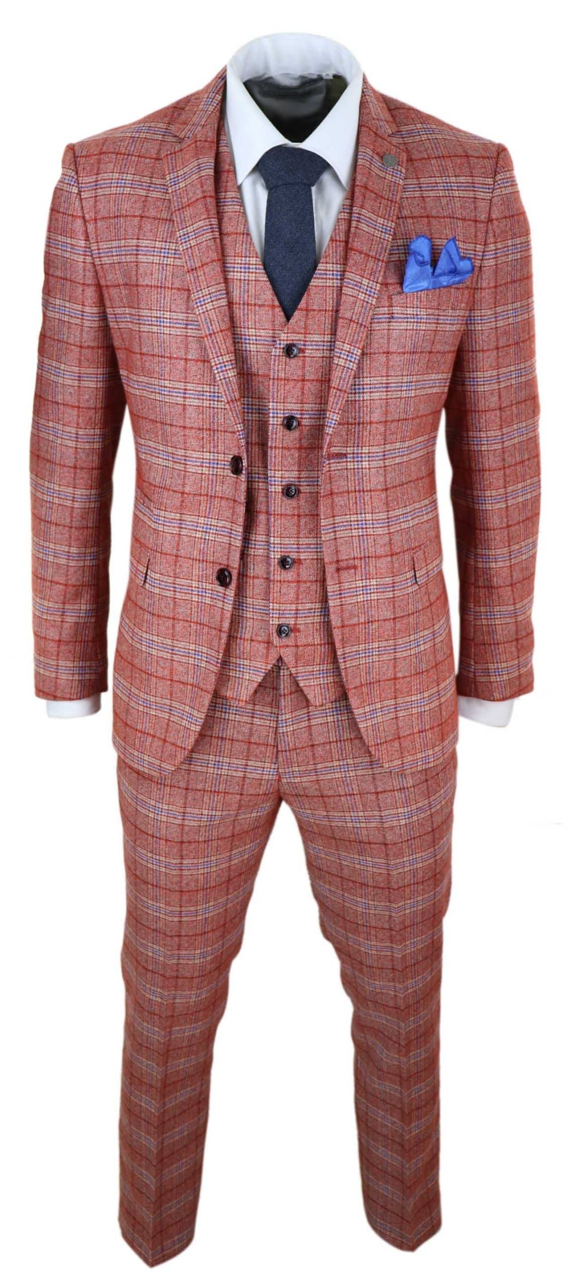Traje de tres piezas de tweed a cuadros rojo para hombre