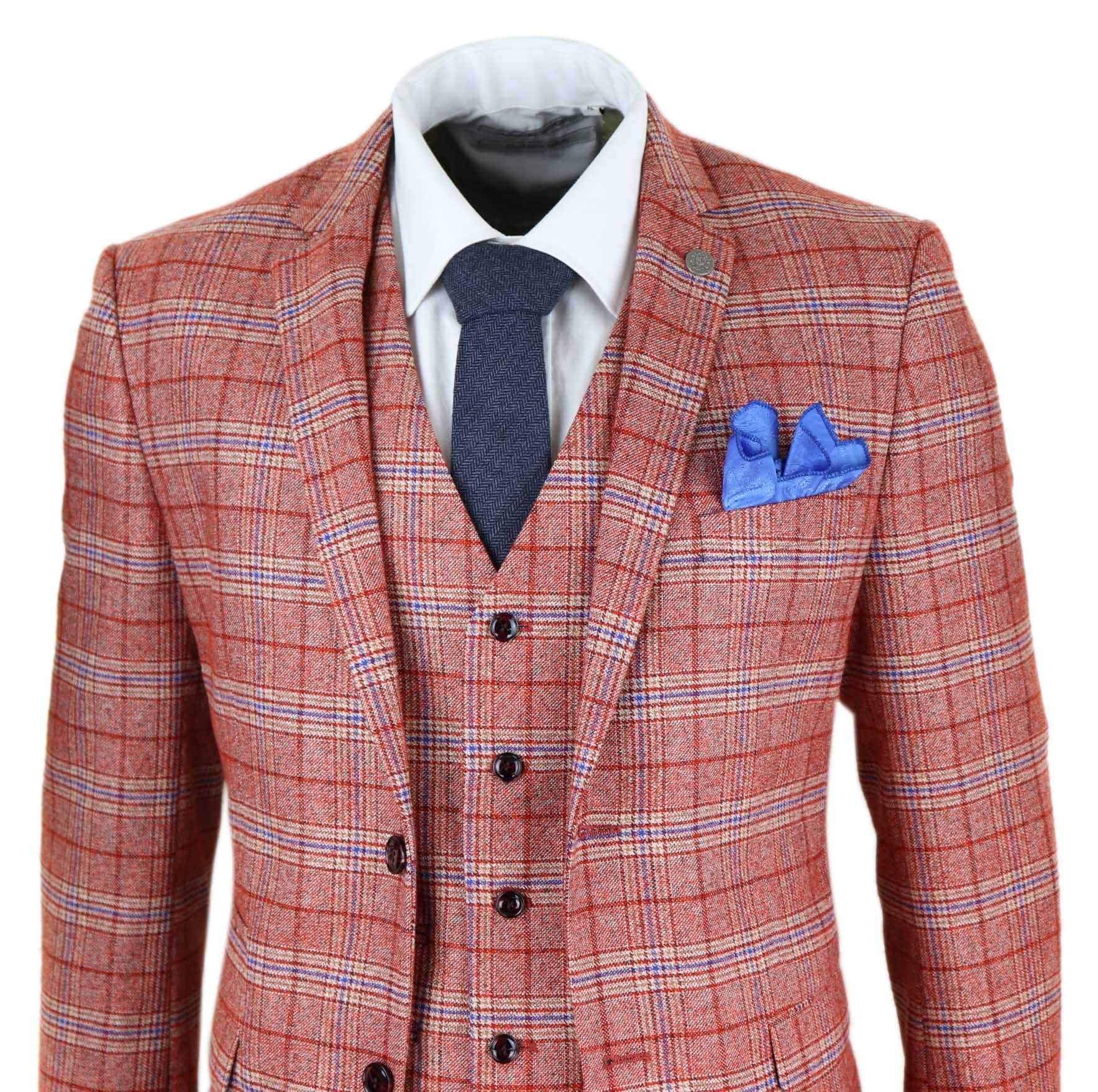 Traje de tres piezas de tweed a cuadros rojo para hombre