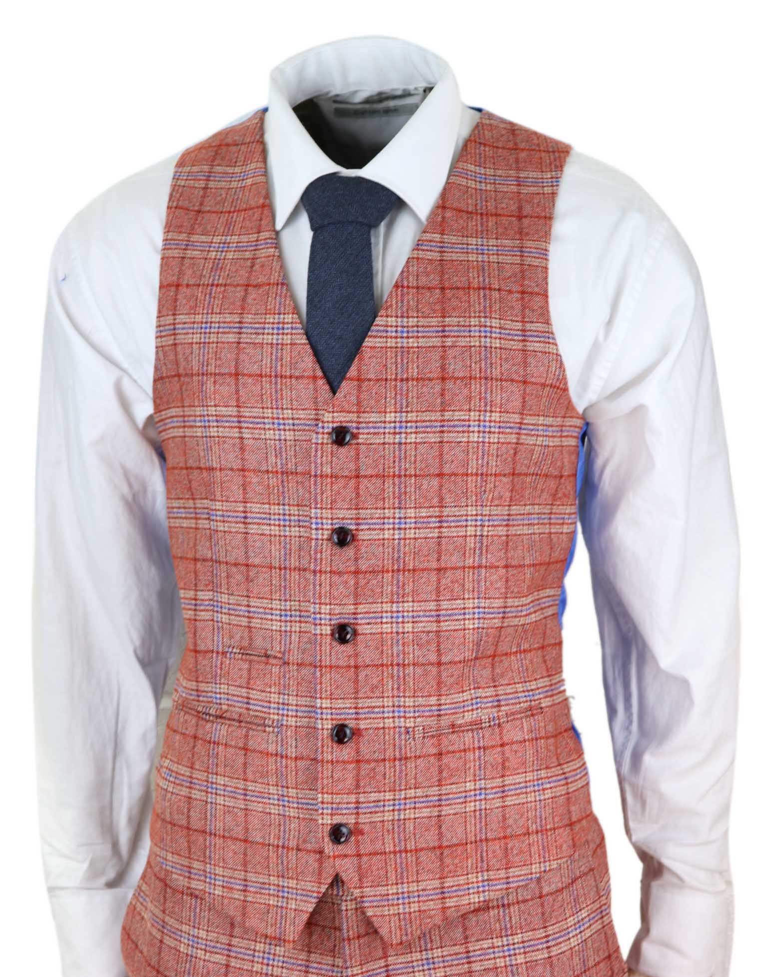 Traje de tres piezas de tweed a cuadros rojo para hombre