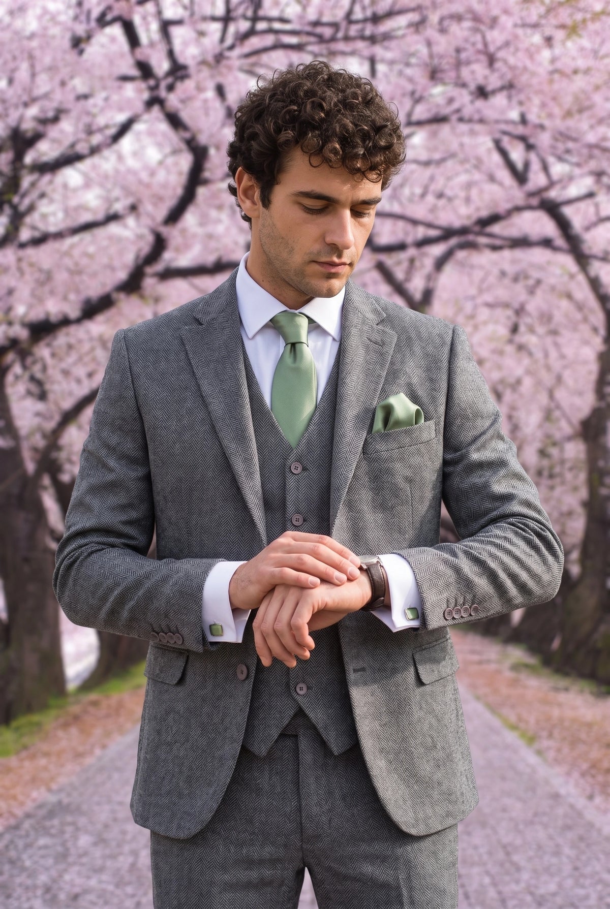 Conjunto de corbata verde salvia para hombre
