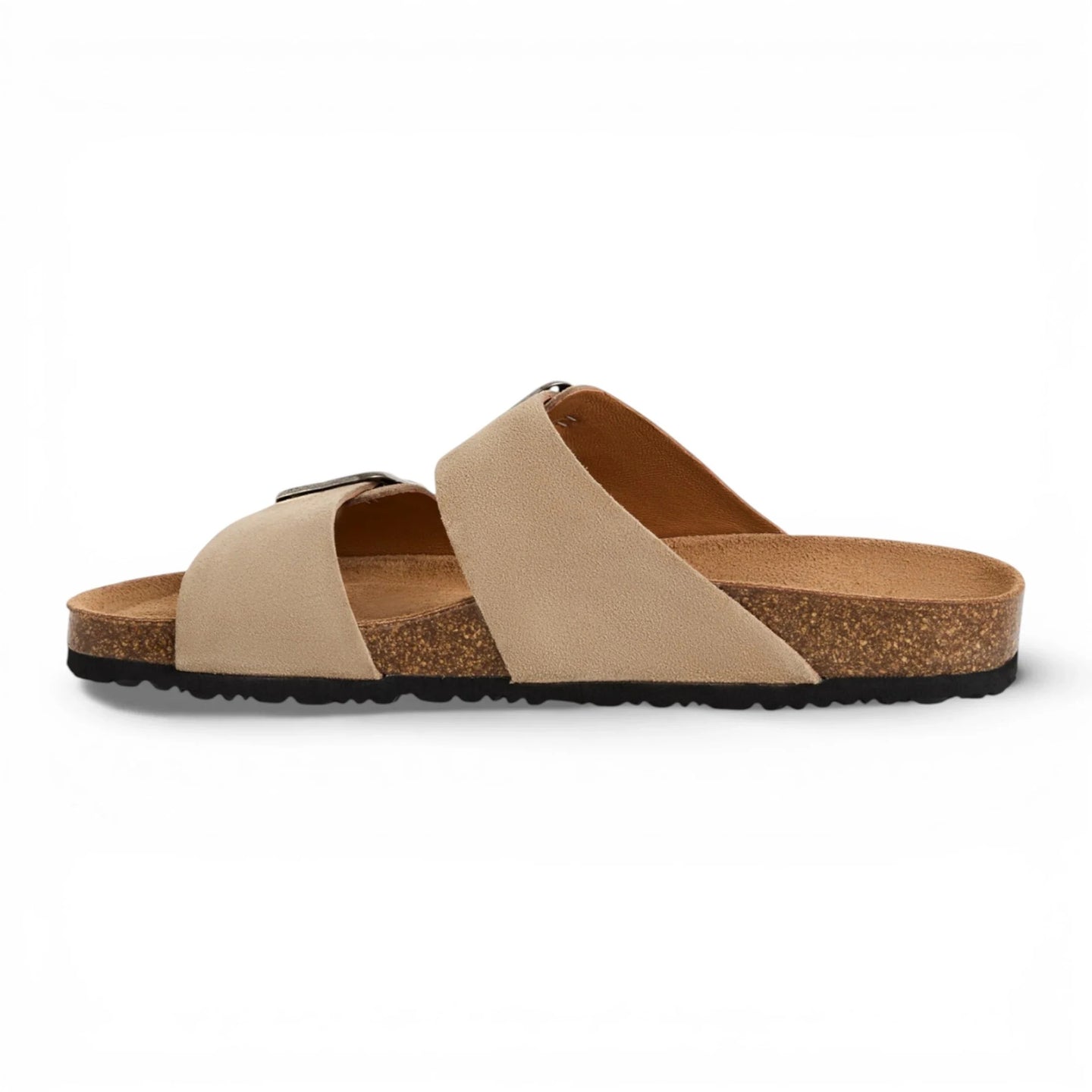 Sandalias tipo pantufla para hombre, de piel color beige arena, con plantilla ajustable.
