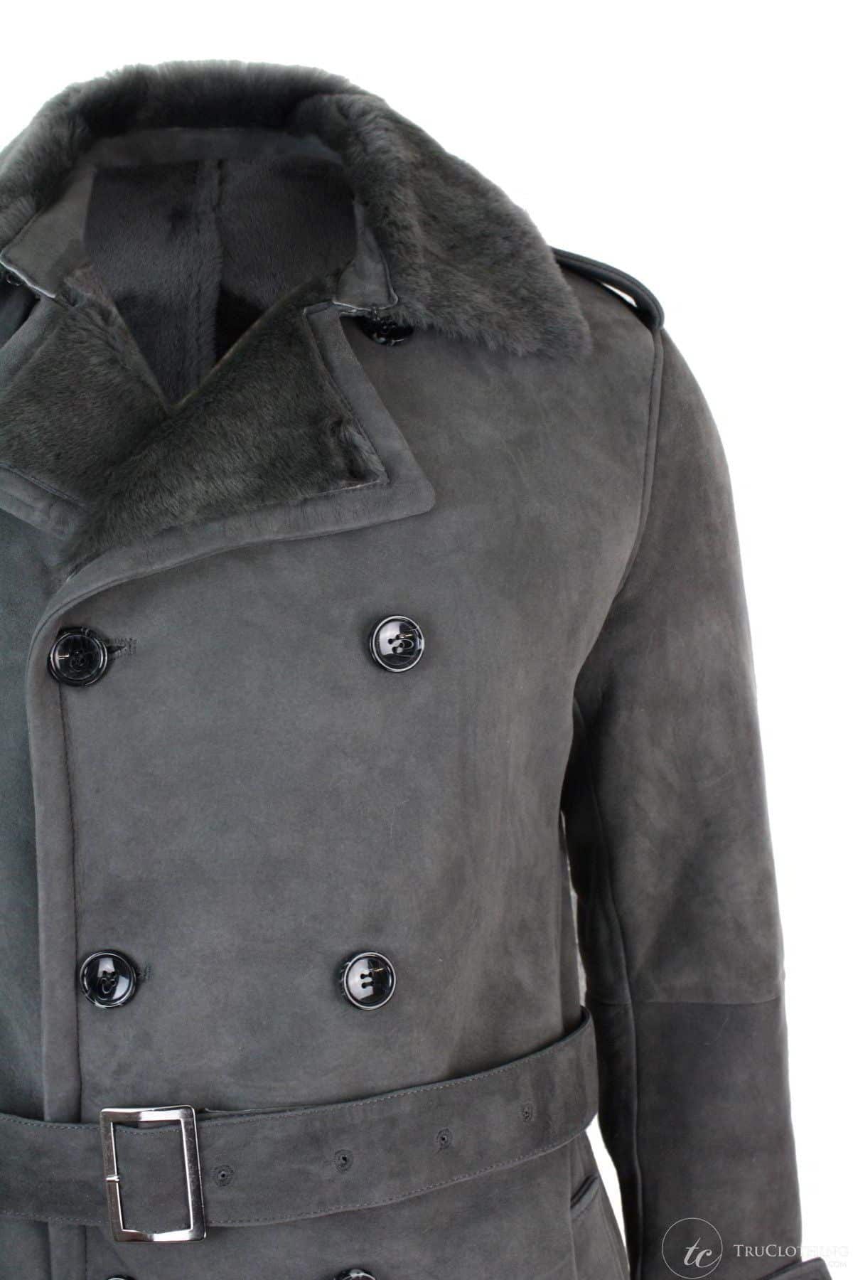 Abrigo de hombre de piel de oveja Sherling negro y gris, cruzado, con cinturón, tres cuartos.