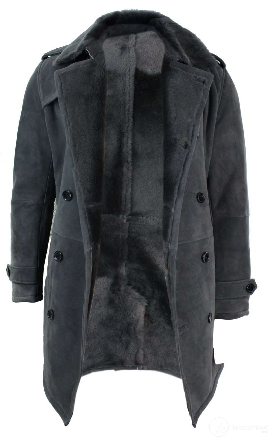 Abrigo de hombre de piel de oveja Sherling negro y gris, cruzado, con cinturón, tres cuartos.