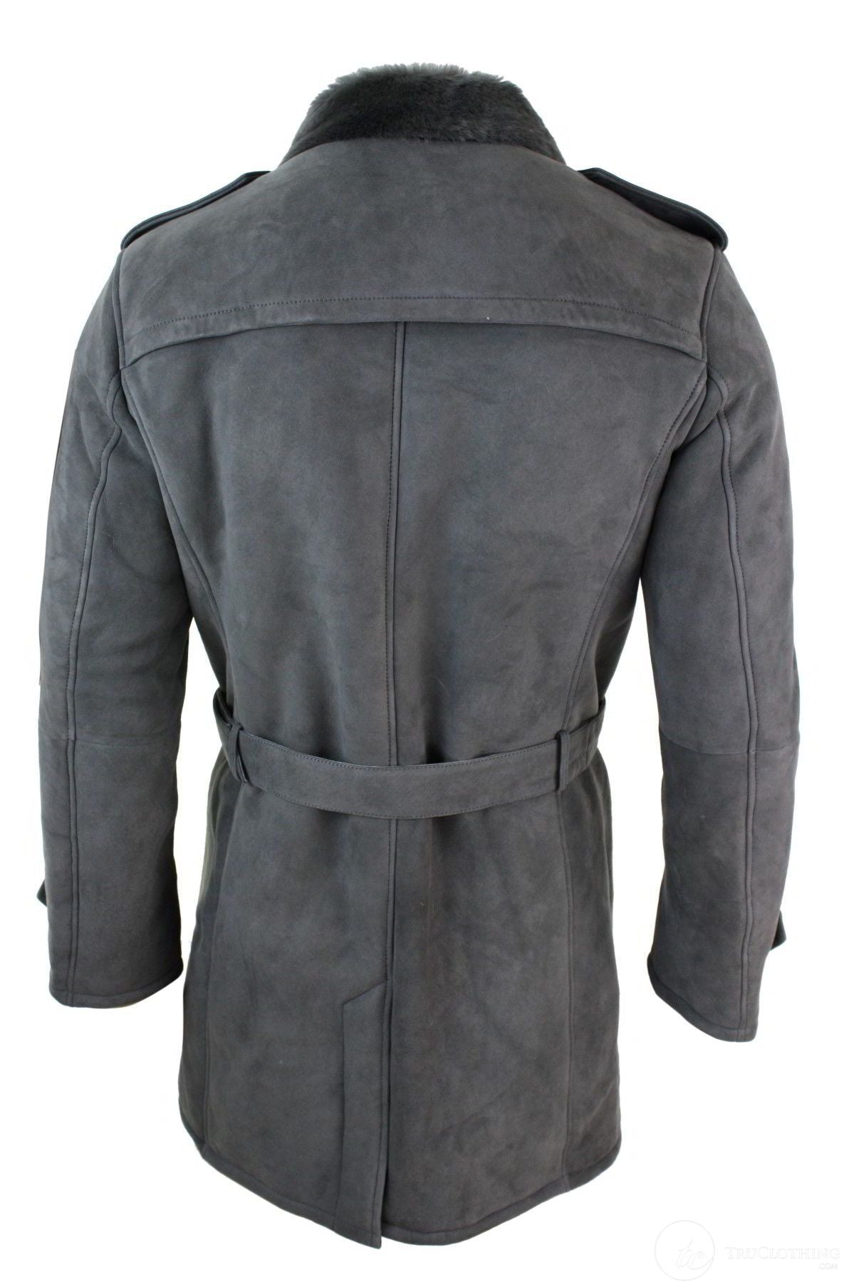Abrigo de hombre de piel de oveja Sherling negro y gris, cruzado, con cinturón, tres cuartos.