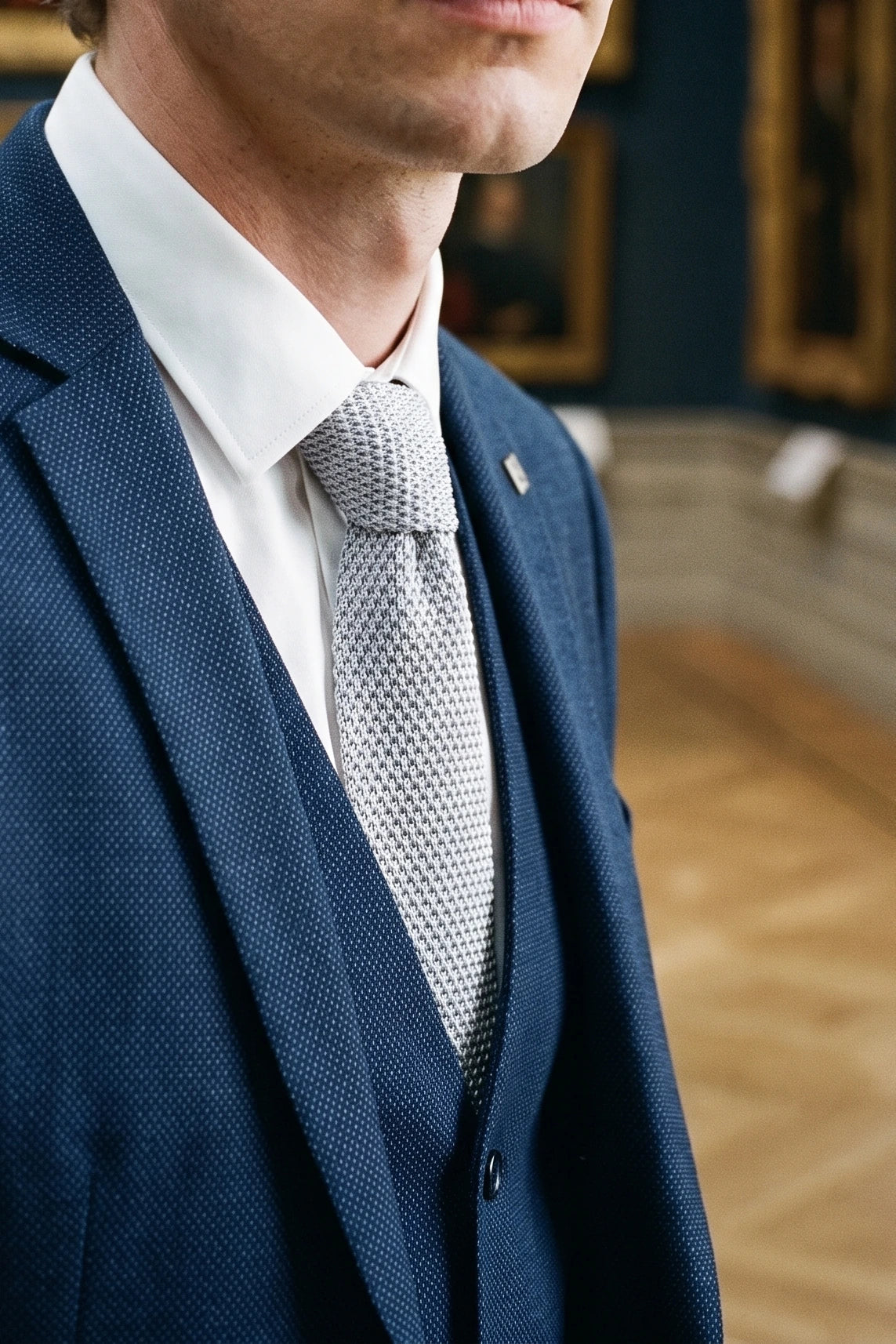 Corbata de poliéster de punto plateada para hombre