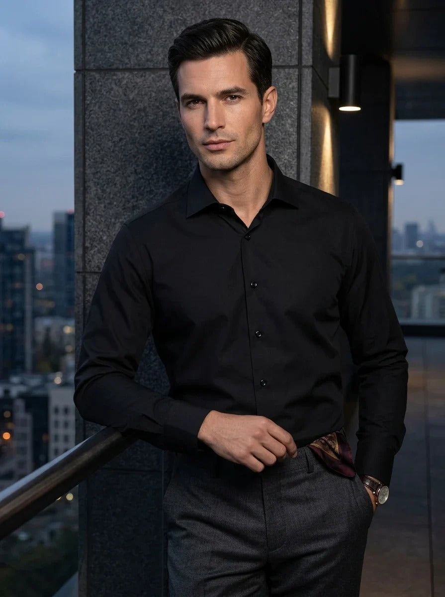 Camisa de vestir de manga larga con botones y corte ajustado para hombre - Negra