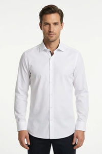 Camisa de vestir de manga larga con botones y corte ajustado para hombre - Blanca
