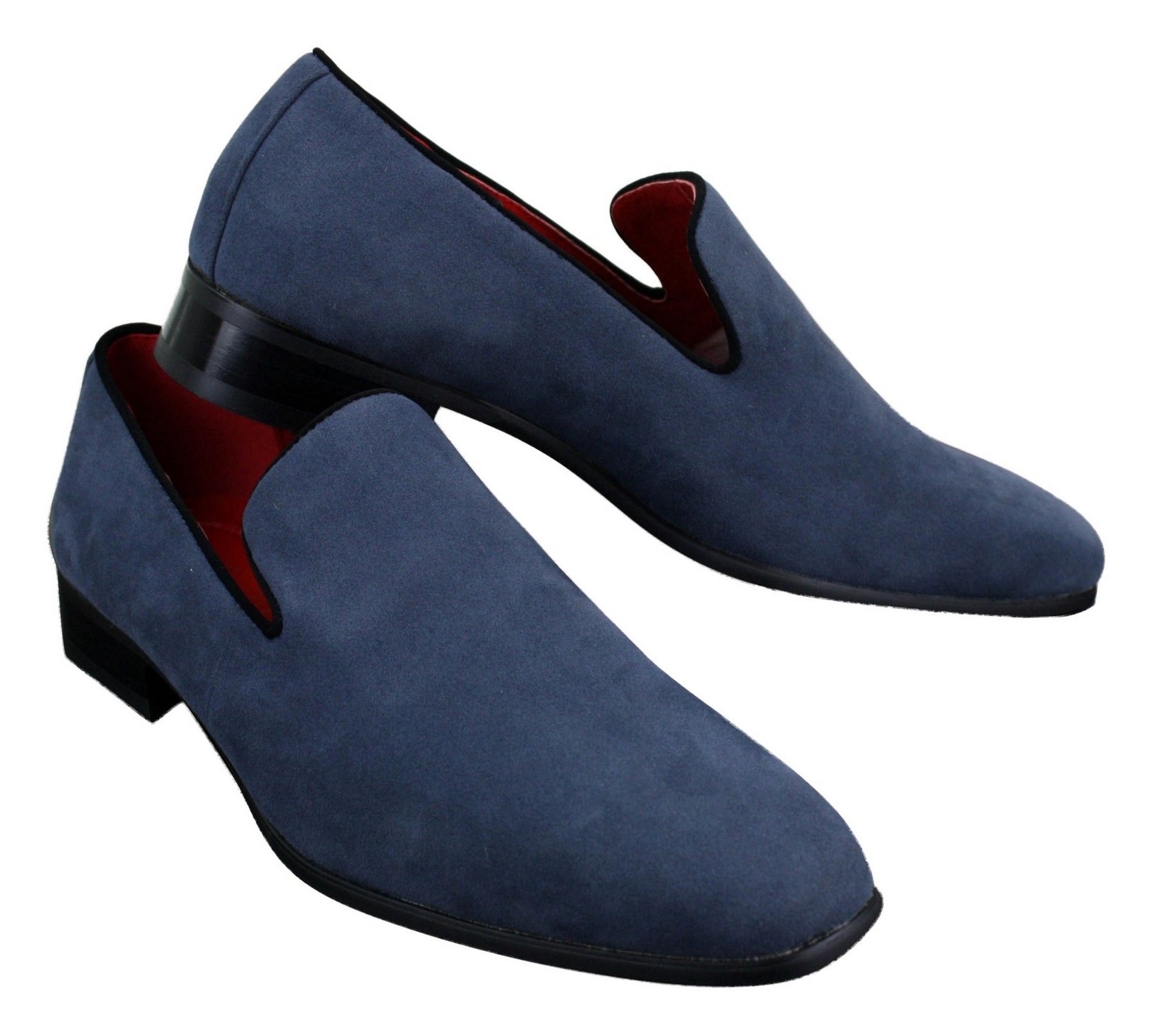Zapatos mocasines de ante para hombre, estilo casual elegante, color rojo, azul y negro.