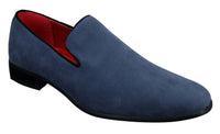 Zapatos mocasines de ante para hombre, estilo casual elegante, color rojo, azul y negro.