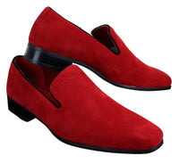 Zapatos mocasines de ante para hombre, estilo casual elegante, color rojo, azul y negro.