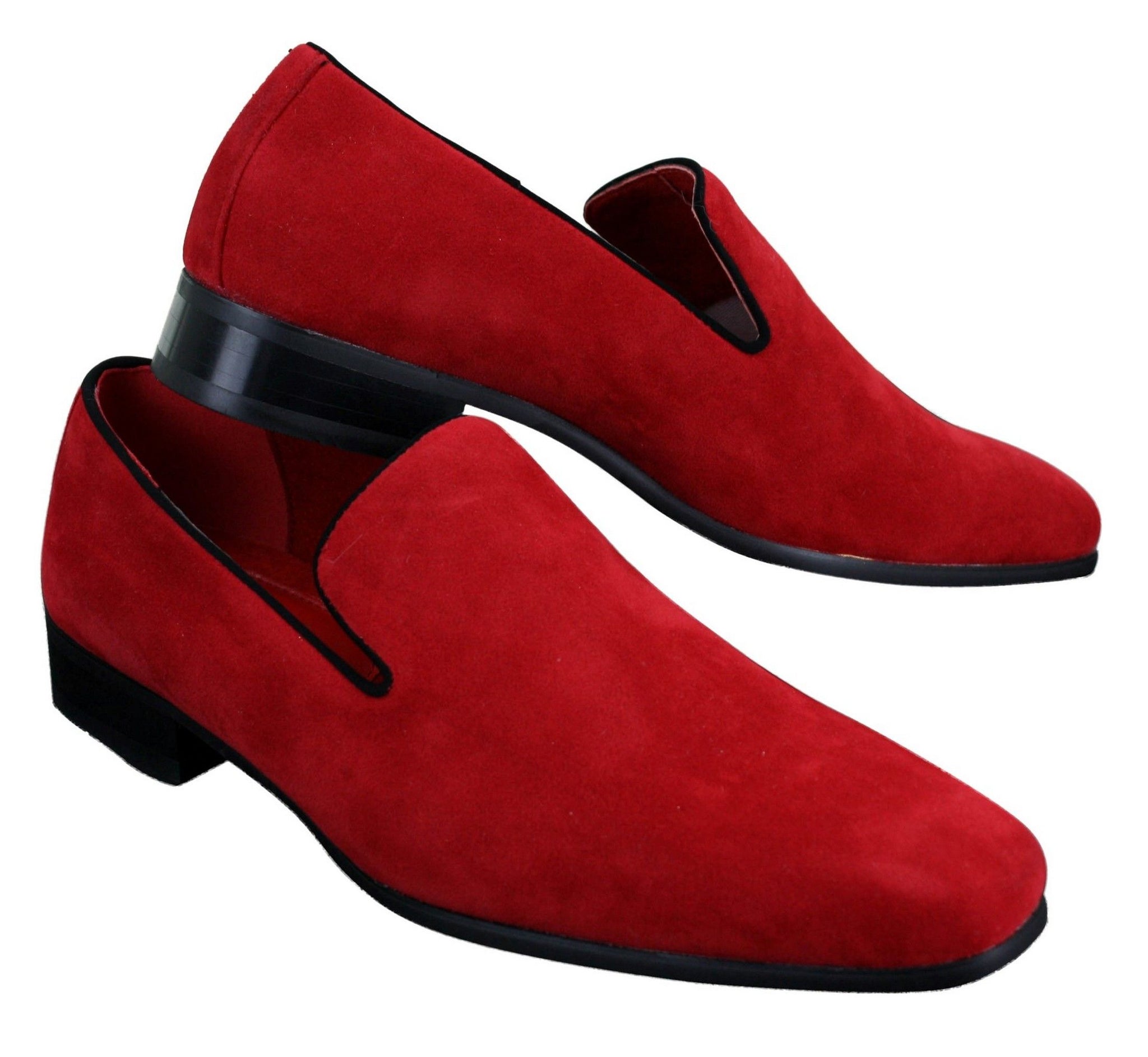 Zapatos mocasines de ante para hombre, estilo casual elegante, color rojo, azul y negro.