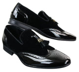 Zapatos de conducir sin cordones con borlas para hombre Patron 239-10, mocasines de piel sintética negra brillante con charol y gamuza sintética.