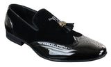 Zapatos de conducir sin cordones con borlas para hombre Patron 239-10, mocasines de piel sintética negra brillante con charol y gamuza sintética.
