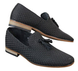Zapatos de conducir para hombre sin cordones con borlas, estilo casual elegante retro, azul marino, forrados en cuero negro.