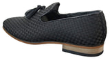 Zapatos de conducir para hombre sin cordones con borlas, estilo casual elegante retro, azul marino, forrados en cuero negro.