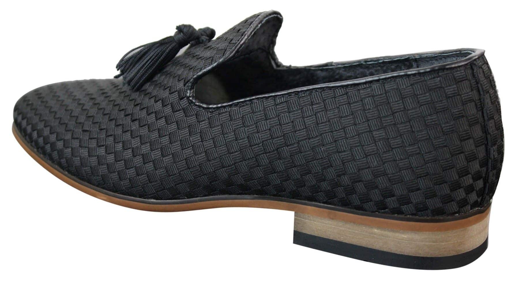 Zapatos de conducir para hombre sin cordones con borlas, estilo casual elegante retro, azul marino, forrados en cuero negro.