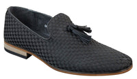 Zapatos de conducir para hombre sin cordones con borlas, estilo casual elegante retro, azul marino, forrados en cuero negro.